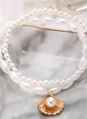 Pearl Shell Foot Chain跨境新款珍珠扇贝壳吊坠脚炼创意覆古脚饰