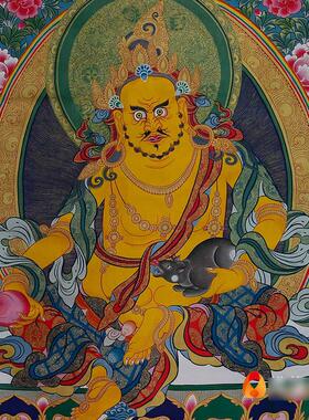 黄财神唐卡 尼泊尔棉布装裱天西藏客厅桌面五姓财神铜像装饰挂画