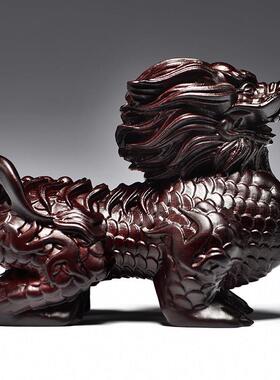 黑檀实木雕刻火焰麒麟摆件木质麒麟家居客厅装饰品开 业送礼工艺
