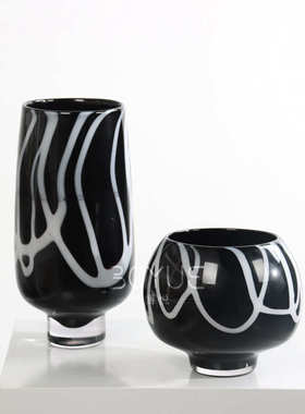 器皿高脚售楼处现代样板间手工黑色纹白花装饰琉璃简约软花瓶创意
