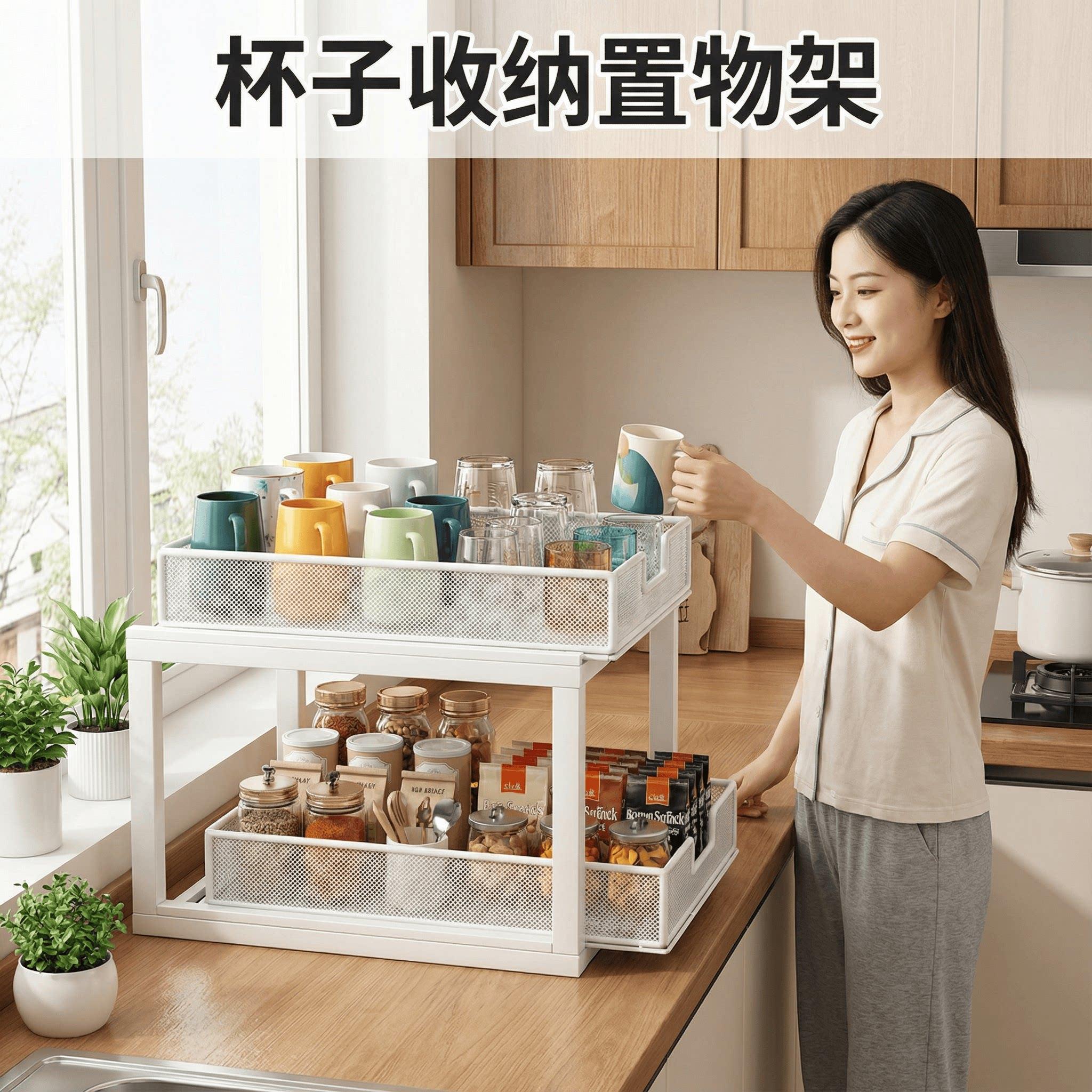 Cup storage rack desktop storage cabinet sideboard coffee cup teacup tea set household desktop pull-out type