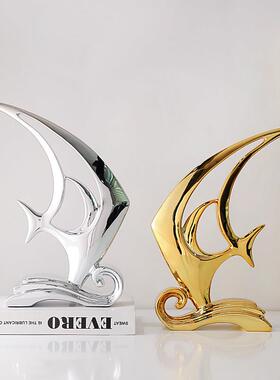 电镀银鱼轻奢家居摆饰客厅办公室书房酒柜装饰品开业礼物乘风破浪