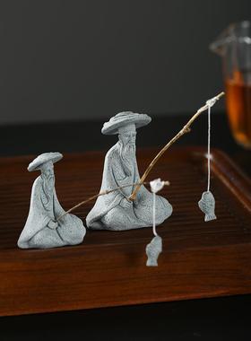 模拟姜太公钓鱼摆件流水鱼缸景观微景观生态鱼缸假山花卉装饰