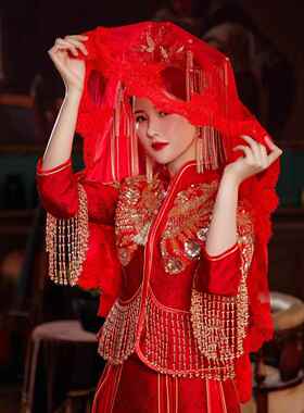 蕾丝中式半透明红盖头新娘头纱秀禾服古风刺绣出嫁婚礼高级感求婚