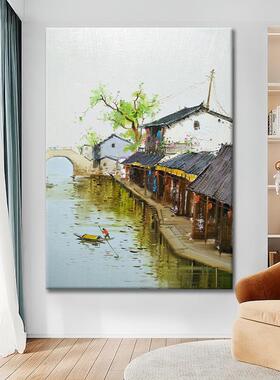 网红厅江南水乡泛舟手绘油画田村园风景新中画式客乡装饰玄关肌理