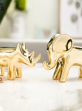 斯堪的纳维亚金色可爱的动物陶瓷小装饰品创意长颈鹿大象马桌面装