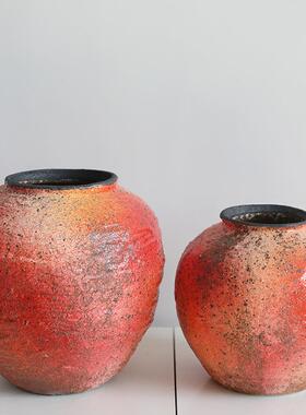 景德镇新中式石榴红花盆摆件客厅插花家居茶室饰品干花水培粗陶罐