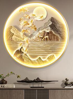 新中式九鱼图玄关装饰画入户正对门轻奢高级感圆形挂画走廊壁灯画