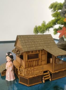新款中式古风建筑模型纯手工木质成品微景观配件摆件茅草屋