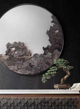 新中式玄关禅意装饰画圆形墙面挂画餐边柜中式风格装修餐厅床头灰