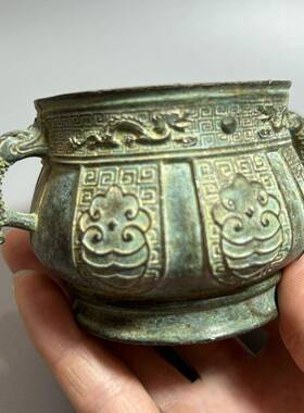 古玩杂项仿古夏商周人面兽鼎双耳兽杯古代青铜酒杯酒具摆件青铜器