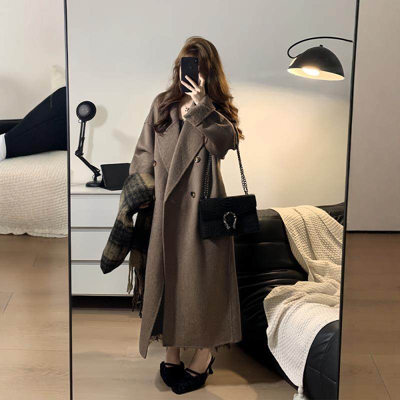 摩卡棕双面羊绒大衣女2025新款中长款韩系高级感宽松呢子羊毛外套,淘宝优惠券,粉丝福利购,淘宝优惠卷