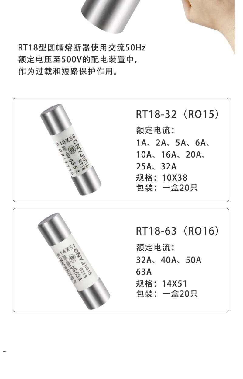 管陶瓷保险丝R015 1038 1A63A RT18 RT14熔断器熔芯一盒20只-图2