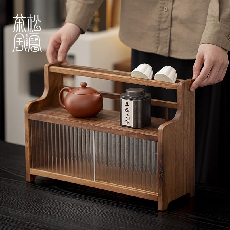 Walnut tea set storage cabinet tea room storage rack tea cup drain dustproof household sliding glass cover solid wood cabinet