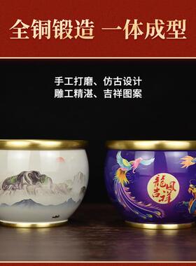 彩绘铜缸聚宝盆摆件纯黄铜大小号烟灰缸子办公室客厅高档次工艺礼