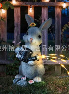 跨境热卖复活节装饰品灰色兔子提水壶灯仿真动物树脂雕像户外花园