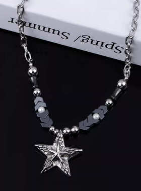 欧美复古哥特风黑银串珠星星项链简约中性高级感嘻哈五角星吊坠