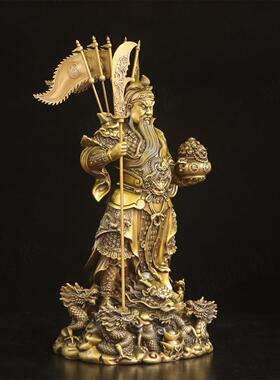 纯黄铜飞龙关公横刀立刀站像摆件令旗武财神九龙关二爷供奉神像铜