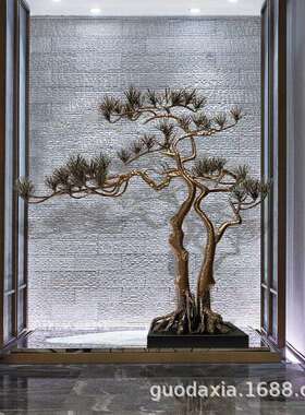 酒店大堂别墅庭院售楼创意金属摆件中式迎客松树雕塑景观工程大型
