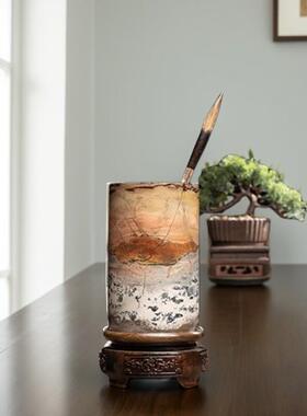 国画 画草花天然奇石花瓶笔筒四方柱实木底座摆件办公室玄关镇宅