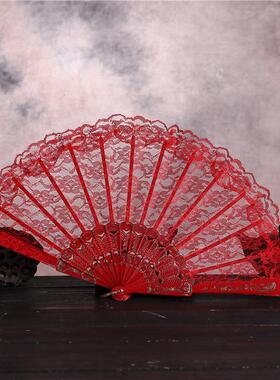 新款 易开合单层蕾丝花边舞蹈扇 中国风咏春扇 婚礼装饰用扇