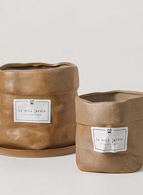 多肉布袋陶瓷小花盆简约风牛皮纸袋仙人掌办公室素胚好看花盆