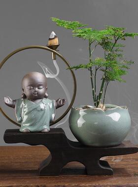 新中式禅意办公室绿植饰品装客厅书桌面居家件中F96JMM89式陶瓷玄