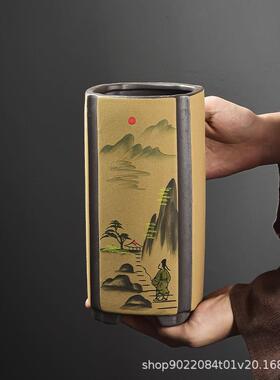 青瓷花盆哥窑手绘陶瓷花瓶紫砂胎透气兰花紫檀盆室内微景观直筒盆