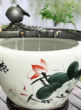 创意客厅石槽鱼池喷水循环流水器水景摆件陶瓷鱼缸装饰造景配件