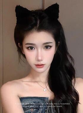 可爱猫咪发箍毛绒猫耳朵发饰洗脸头箍显脸小减龄秋冬黑色小猫发卡
