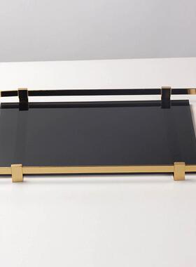 轻奢风长方形玻璃托盘样板房玄关摆件茶几饰品茶具饰品金属收纳盘