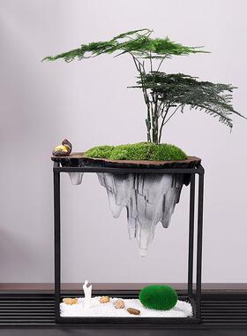 新中式客厅绿植盆栽摆件办公室桌面文竹植物盆景假山酒柜装饰摆设