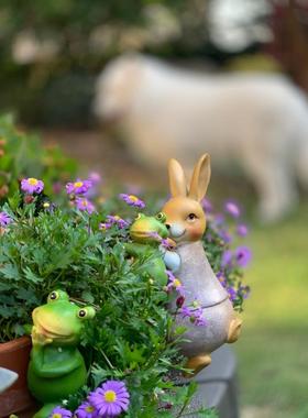 正品树脂青兔子四蛙件件套装花缸花盆挂 花园饰杂货摆件 小动物装
