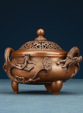 紫铜螭龙香炉家居办公室桌面香薰炉摆件铜工艺品圆形盘香炉线香炉