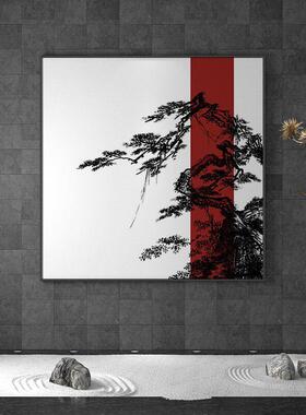 新中式入户玄关装饰画轻奢客厅餐厅酒店红色水墨松树正方形挂画