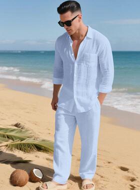 Men's Linen Two-Piece Set Classic Button Shirt & Drawstring