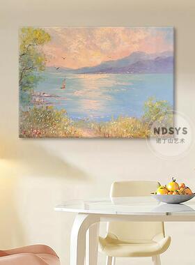 莫奈海边风景纯手绘油画奶油风日出东方客厅装饰画沙发墙玄关挂画