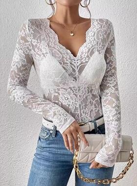 Women's Sheer Floral Lace Cover Up Top Scallop Trim Long