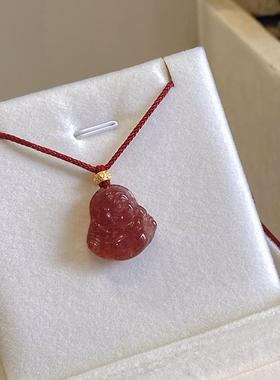 九姨太幸运红草莓晶水晶弥勒佛公吊坠项链新中式锁骨链女红绳编织