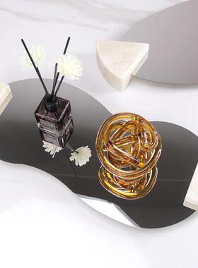 椭圆形托盘简约现代洞石金属不锈钢镜面几何摆件样板房茶几装饰品