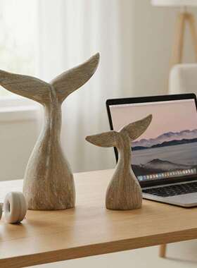 海洋风创意实木复古手工鱼尾巴摆件民宿样板房装饰鲸鱼尾巴工艺品