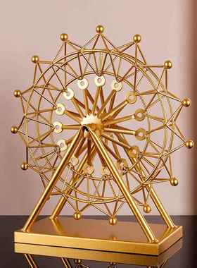 欧式简约摩天轮摆件办公室解压可旋转铁艺金色酒柜橱窗装饰品