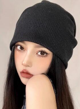 堆堆帽女秋冬季产后月子帽百搭显脸小针织毛线包头黑色冷帽子骑行