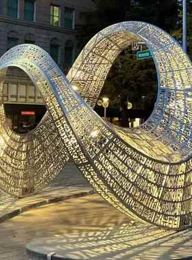 大型不锈钢雕塑定制白钢水景浪花圆环月亮发光景观抽象金属大摆件