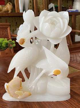 白玉花好月圆玉石摆件 家居客厅电视柜乔迁礼品花玉石工艺品摆设