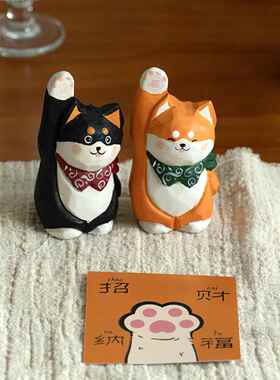 招福柴犬 招财招福 可爱创意木雕小摆件纯手工 乔迁生日纪念礼品