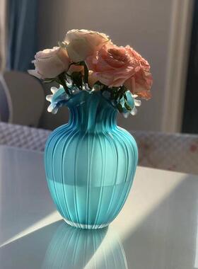 INS简约蓝色浪花口磨砂玻璃花瓶家居客厅桌面摆件样板房软装饰品