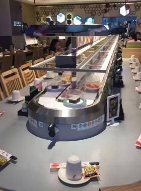 日式回转寿司设备寿司店双轨单轨玻璃罩保鲜寿司旋转台自助餐