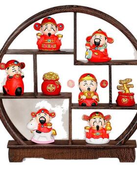 中式风博古架财神爷装饰品家居客厅玄关实木展示架小财神摆件礼品