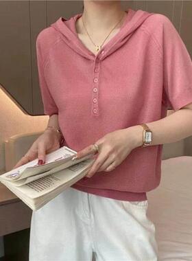 韩国橙色连帽冰丝短袖t恤女夏季2026新款洋气宽松透气减龄针织衫